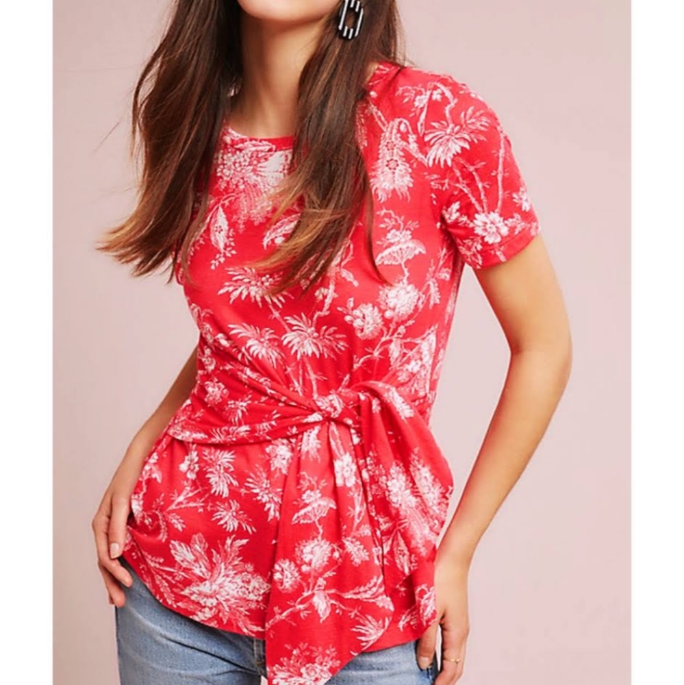 Maeve Anthropologie Sherbrooke Floral Waist Tie Tee Shirt Blouse